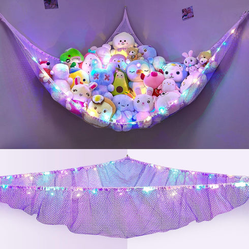 Stuffed Animals Net or Hammock, Kids Toy Storage Organizer with LED Light, Hanging Corner Holder for Girls Room Decor