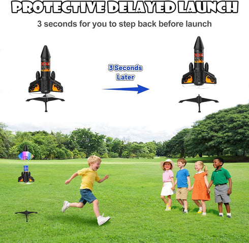 Ovaasy 200 8-12 Rocket Launcher for Kids, ft Self Launching Motorized Rocket Toy with LED and Safety Parachute Land