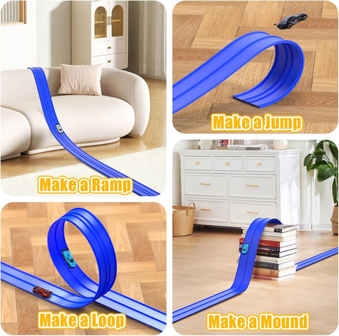 16 1/64th 3+ Flex Race Track Ft with Start Gate Accessories Compatible with Diecast Cars, Flexible Car Track Toys
