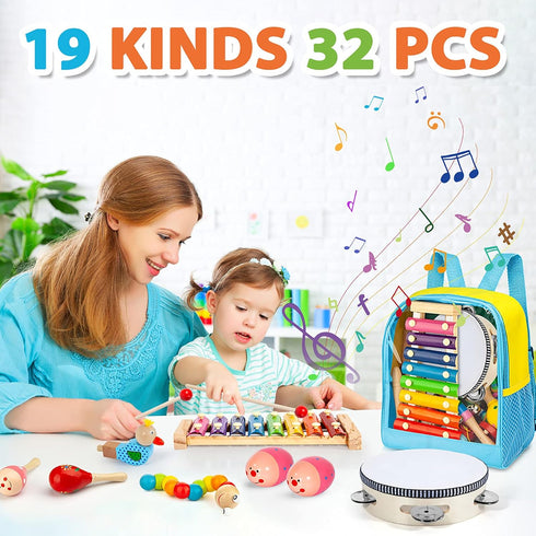 Toddler Musical Instruments Set, 32 PCS 19 Kinds Wooden Percussion Toys for Kids