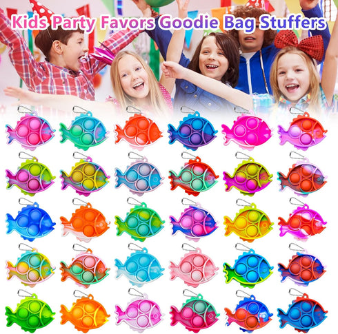 Pop Fidget Toys Bulk, 30 PCS Cute Fish Mini Pop Keychain Sensory Fidget Toy Pack for Kids Classroom Prizes Birthday