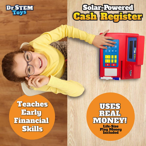 67-Piece Set Dr. STEM Toys Solar Powered Calculator Pretend Cash Register with Play Money for Learning Math Skills