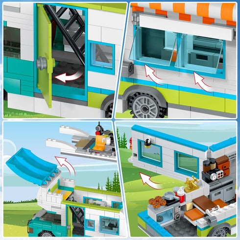Set 3-IN-1 879PCS 6-12 HOGOKIDS City Camper Van Building with LED Light - Holiday RV Camping Building Toy for Kids