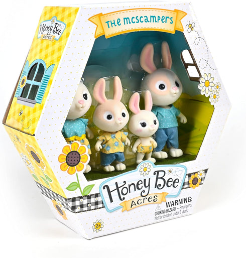 Honey Bee Acres The McScampers Rabbit Family - 4 Mini Flocked Doll Play Figures for Kids, Collectibles, Pretend Play