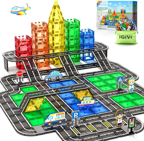 104 PCS Magnetic Tiles Road Set, STEM Construction Toys for Kids Ages