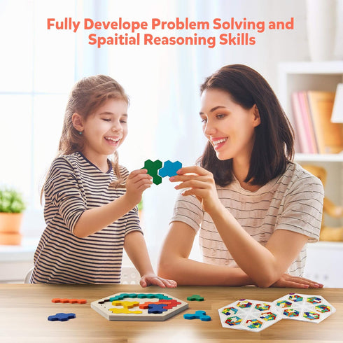 Coogam Wooden Hexagon Puzzle for Kid Adults - Shape Pattern Block Tangram Brain Teaser Toy Geometry Logic IQ Game STEM