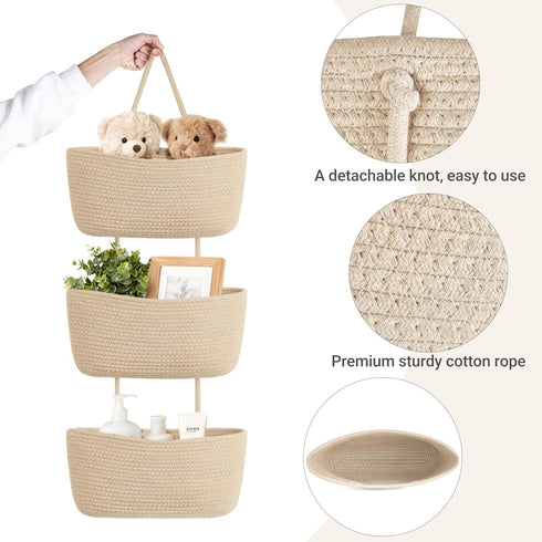 3-Tier Dahey Over The Door Hanging Basket Woven Boho Wall Mounted Storage Organizer with Hooks for Bedroom Nursery