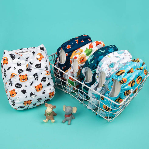 6 Pack 10pcs 6FB12 babygoal Reusable Cloth Diapers with Inserts, One Size Adjustable Washable Pocket Nappy Covers