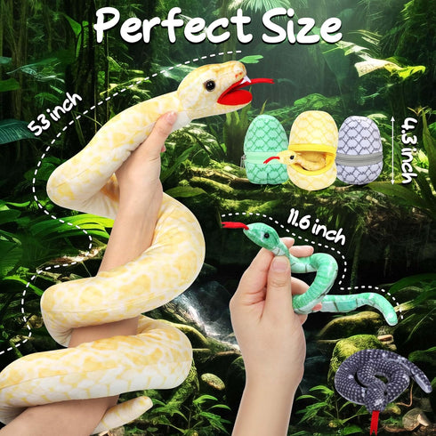 53 Inch Giant Snake Plush Mommy with 3 Babies - Realistic Golden Python Stuffed Animal Easter Gift for Kids