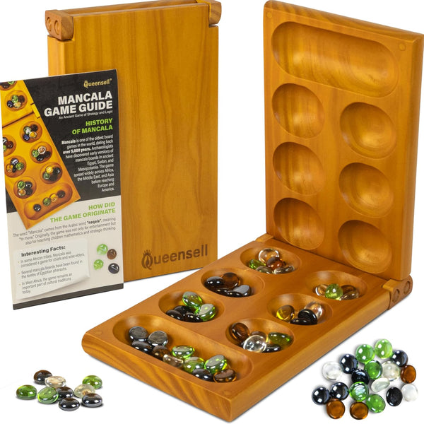 Mancala Board Game with Magnetic Lock Classic 2-Player Folding Game Wooden Mancala