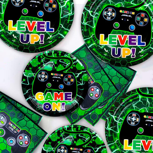Video Game Party Supplies,128pcs Video Game Party Tableware Set-Video Game Plates Cups Tablecloth Banner etc Gaming Birthday Party Supplies for Kids