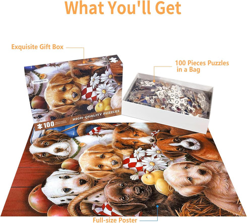 100 Piece Puzzles for Kids - Dog Puzzle, Puppy Group Photo Puzzles for Adults, Seniors, and Kids