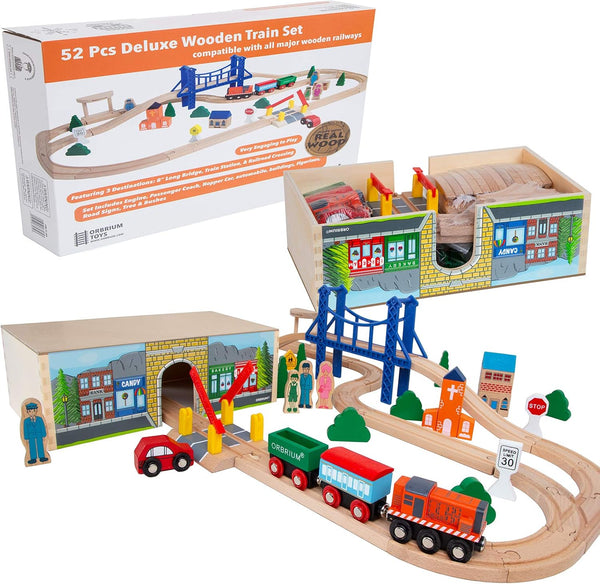 ORBRIUM 52 Pcs Deluxe Wooden Train Set - Wooden Storage Box Tunnel Compatible with Thomas, Brio, Melissa