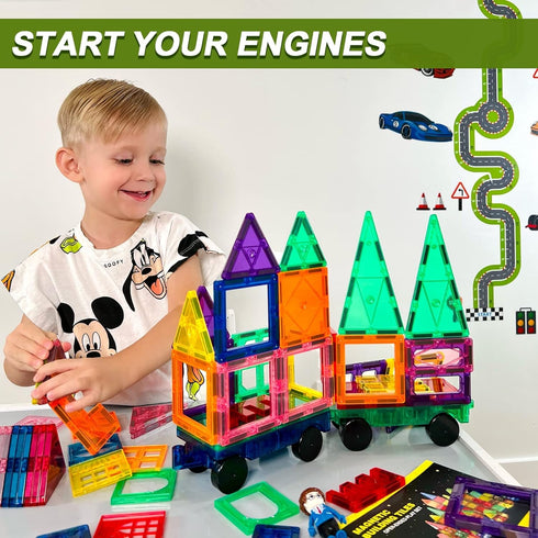 Soyee Magnetic Tiles with 2 Cars, Kids Gifts for 3 Year Old Boys, Educational Toys for Toddlers Age 3-5, Car Train