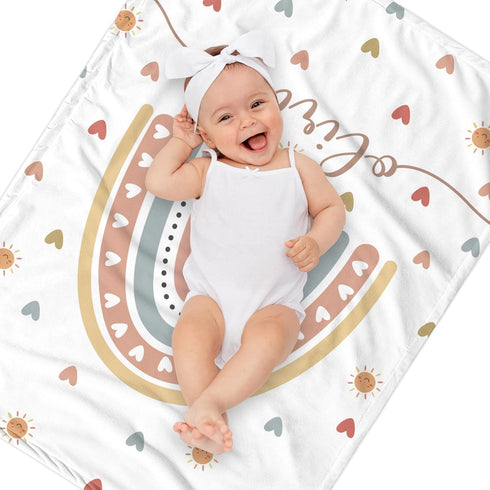 Personalized Baby Girl Blankets with Name, Custom Boho Rainbow Swaddle Blanket for Girls, Customize Newborn Shower