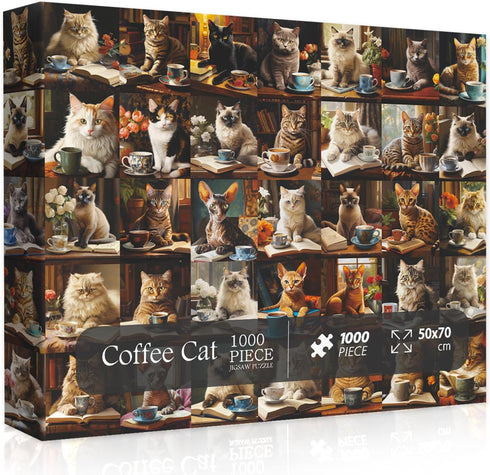Cat Puzzles for Adults 1000 Pieces, Vintage Animal Collage Jigsaw Puzzle with 40 Coffee Book Cats