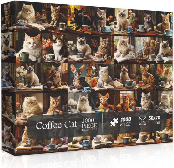 Cat Puzzles for Adults 1000 Pieces, Vintage Animal Collage Jigsaw Puzzle with 40 Coffee Book Cats