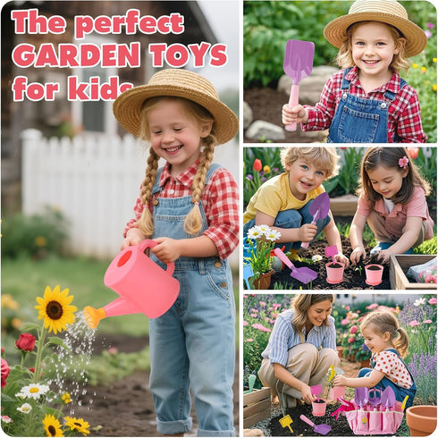 Set, Summer JOI MEW Kids Pink Gardening Tools Garden Toys w/Metal Rake, Shovel, Trowel, Watering Can, Gloves, Tote Bag