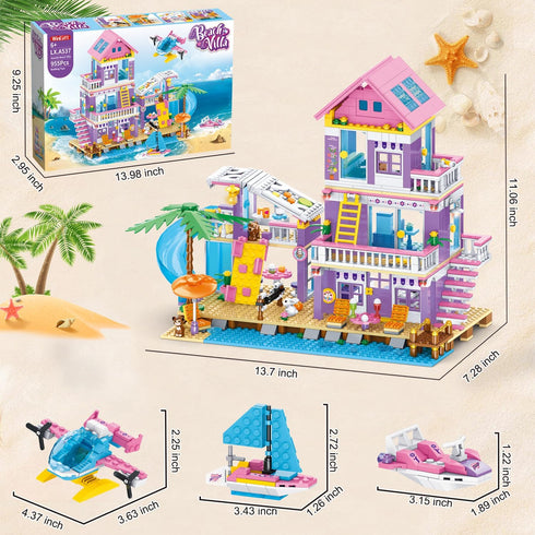 955 Set,Seaside Set,STEM Helicopter,Yacht,Sailboat,Christmas 6-12+ WINGIFT Piece Beach House Building Beach Villa