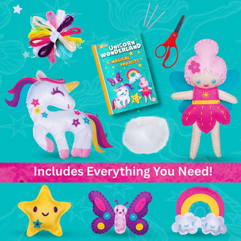 CRAFTSBEE 7+ 5 Cozy Magical Unicorn Sewing Kit for Girls - Create Adorable Felt Animals & a Pillow - Fun, Easy