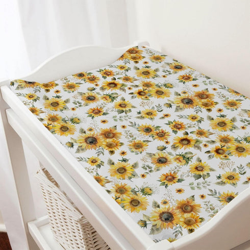 Summer 32''x16'' Watercolor Yellow Sunflowers Changing Pad Covers Boho Sunflowers Leaves Baby Changing Table Sheets