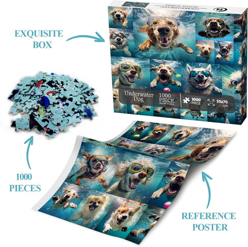 1000 Piece Dog Jigsaw Puzzle for Adults, Funny Silly Puppy Animal Puzzle with Underwater Dogs