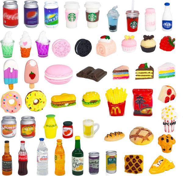 50 Pcs Miniature Food Drink Bottles & Soda Pop Cans for 1/12 Doll House (25 Food + 25 Drink)