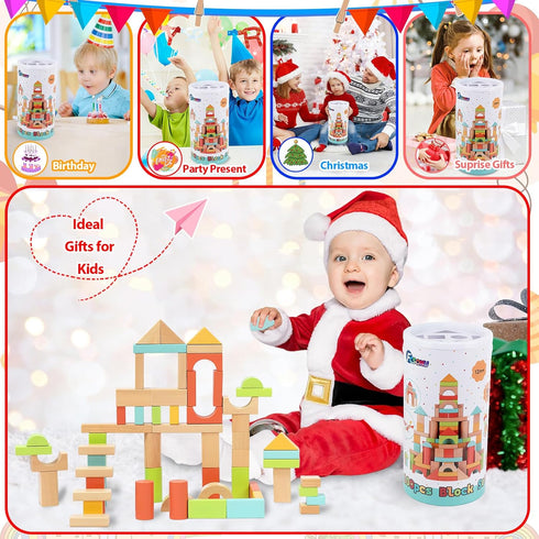 1-3, 100 Set 2+, 1st FCSONU Wooden Building Blocks for Toddlers Pcs Wood Blocks - Sorting & Stacking Toys with Storage