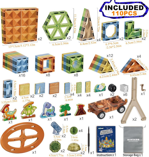 BINZKBB Magnetic Tiles 110 Pieces - 3D Lighted Magnet Building Blocks for Kids, Educational Sensory Stack Toys