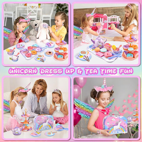 Set 63Pcs Sets Playset, Tea Party for Little Girls: Pretend Play Toys, Unicorn Princess Dress Up Tea Time, Tin Tea