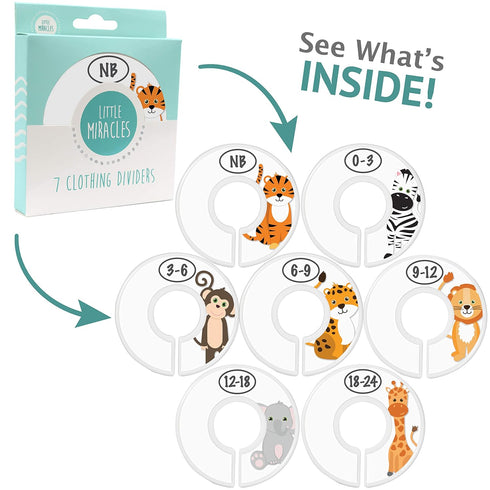 Baby Closet Size Dividers - 7X Safari Nursery Closet Dividers for Baby Clothes - Elephant Giraffe Zebra Lion Monkey