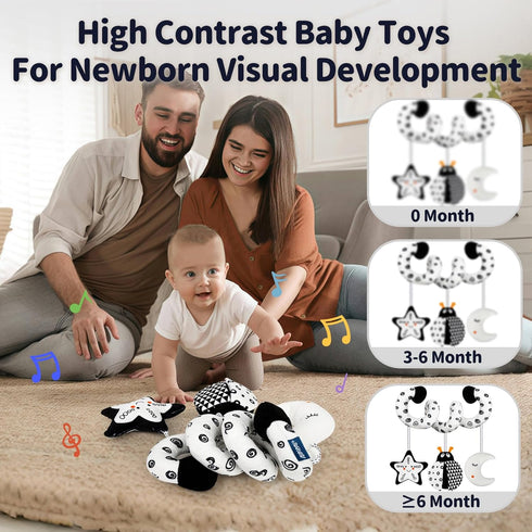 Car Seat Toys for Babies 0-6 Months, Hanging Rattle Toys for Crib Mobile, Black and White High Contrast Stroller Toys