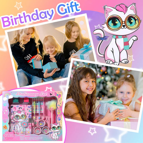 YOYTOO Set 5 6 7 8 9 10 Cat Diary for Girls with Lock, Cat Stationery with Secret Diary, Stamps, Pens, Journal Notebook
