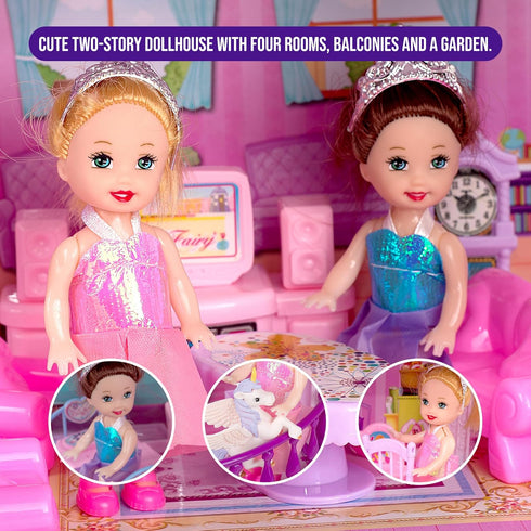 Dollhouse Toy for Little Girls with 2 Princesses, 4 Unicorns, Dog, Furniture, Accessories - Pink & Purple