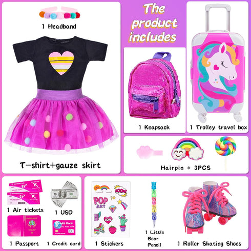 18 Inch Set 18" Backpack, ebuddy Doll Clothes and Accessories - Travel Suitcase Play for Dolls, Includes Clothing