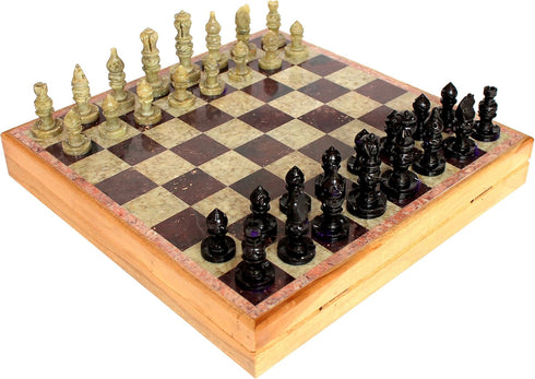 StonKraft 10" X 10" Chess Board Game Set with Wooden Base & Stone Inlaid Pieces