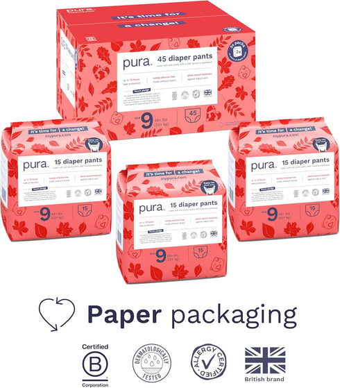 9 (48+ lbs) 12 3 Packs 15 (45 Pura Hypoallergenic Diaper Pants Size Overnight, up to Hours Leak Protection, Suitable