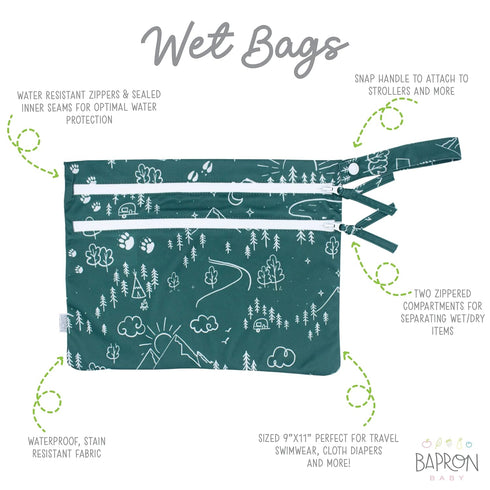 11" 9" BapronBaby Pine Forest Wet Dry Bag - Waterproof Two Zipper Pockets - Reusable for Mealtime, Diapers, Stroller