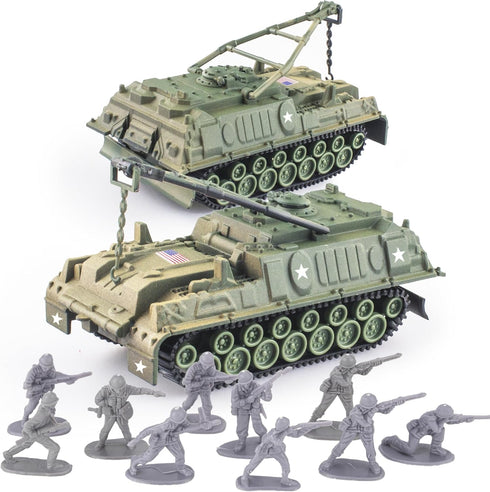 Army Tank and Army Men Toys Playset, 2pc 1:72 US Tank Models & 10pc Toy Soldiers for Boys
