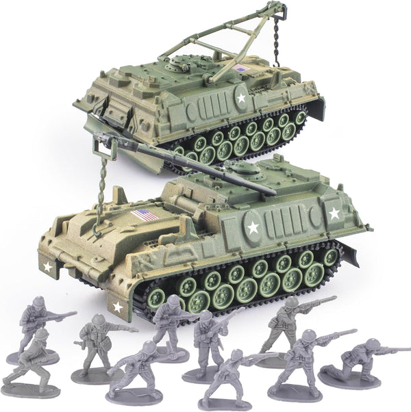 Army Tank and Army Men Toys Playset, 2pc 1:72 US Tank Models & 10pc Toy Soldiers for Boys