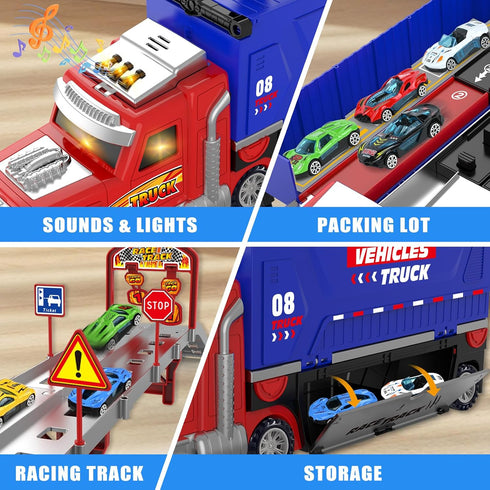 3, 4, 5, 6, 7, 8 6 Carrier Truck Race Track Toys, Truck Toys for Years Old Kids, Foldable Transport Truck Toys Car