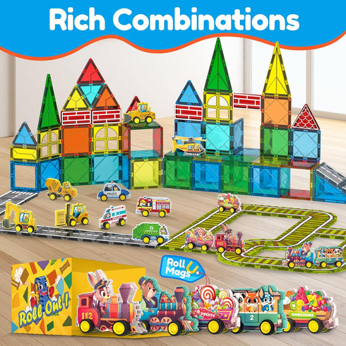 Set 5pcs Oriate Rolling Magnet Train for Magnetic Tiles, Magnet Tiles Toy Train for Road Magnetic Tiles, Free Wheel
