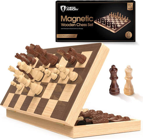 Chess Armory 15 Inch Magnetic Wooden Chess Set, Board Game for Adults & Kids with Extra Queen Pieces & Storage Box