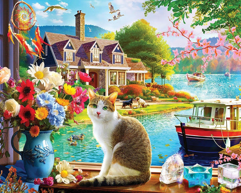 Springbok Crisp Morning 1000 Piece Jigsaw Puzzle for Adults and Families - Cat Enjoying Lakeside View, 30" x 24"