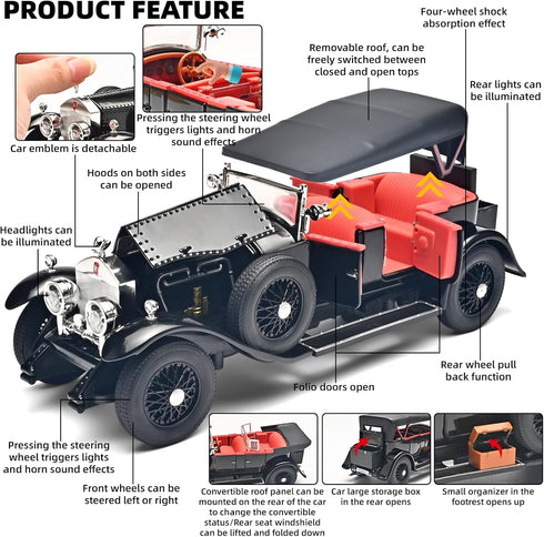 RZAPE 1/24 3-12Black Model Car Kits Adults and Boys Diecast Cars Phantom Generation Vintage Car Collectibles,Die Cast
