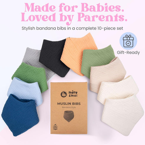 100% Mre & Moi Muslin Baby Bandana Bibs Cotton, Soft & Absorbent Drool & Teething Bibs