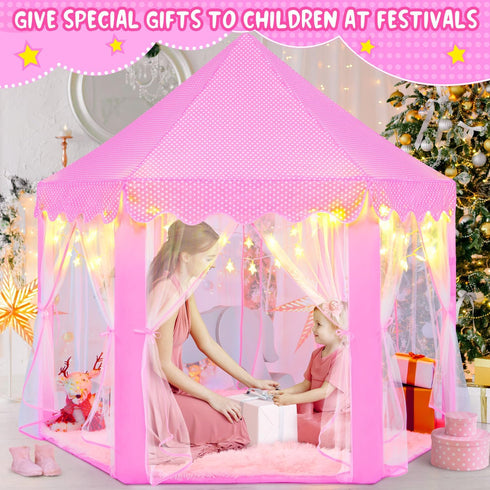 Pink Princess Tent for Girls, Kids Playhouse with LED Star Lights, Indoor Outdoor Castle Tent, 55×53 Inches