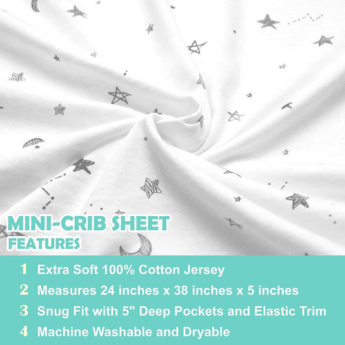 American Baby Company 2 Pack 100% Natural Cotton Fitted Mini Crib Sheets - 38" x 24", Gray Stars/Zigzag