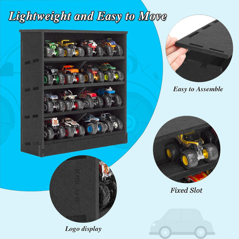 16 Felt Monster Trucks Display Case, Wall-Mounted Slot Storage Case, Groove Fixation Container Holder (Black - New