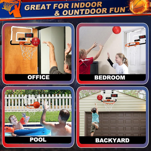 Pro Indoor Basketball Hoop for Door, Over Door with Large 9 Inch Dunk Rim, 4 Mini Replacement 6" Basketballs